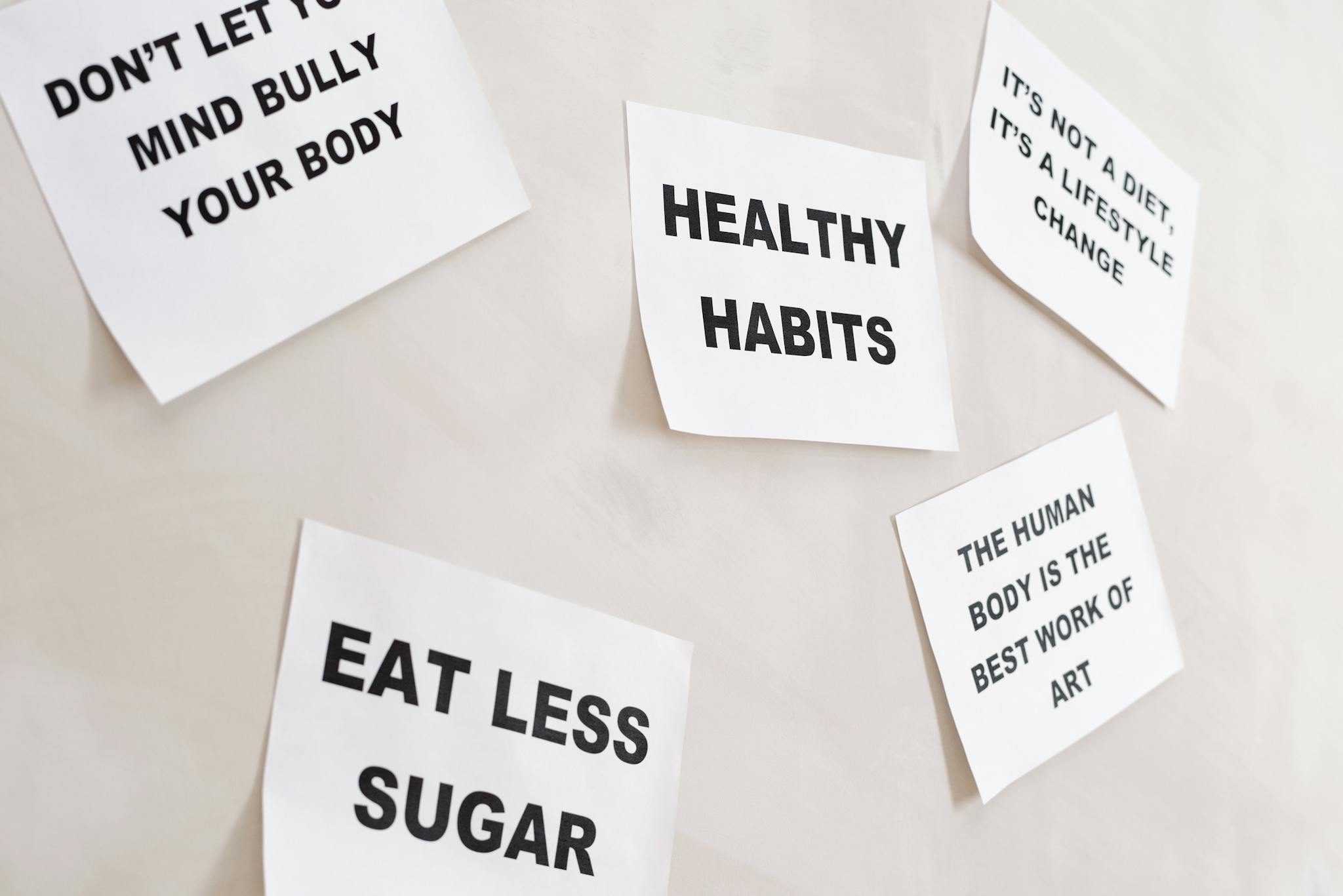 Inspirational health-themed text posters promoting a healthy lifestyle, focus on positive habits.